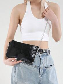 Bolsa feminina vintage de cor sólida com relevo, patchwork, contas, alça de corrente, transversal para compras/deslocamento