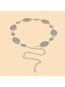 Turquoise Green Engraved Silver Waist Chain, Elegant Geometric Embossed Belly Chain Decorative Accessory For Women, Middle Eastern Style Summer - Antique Silver - View 8