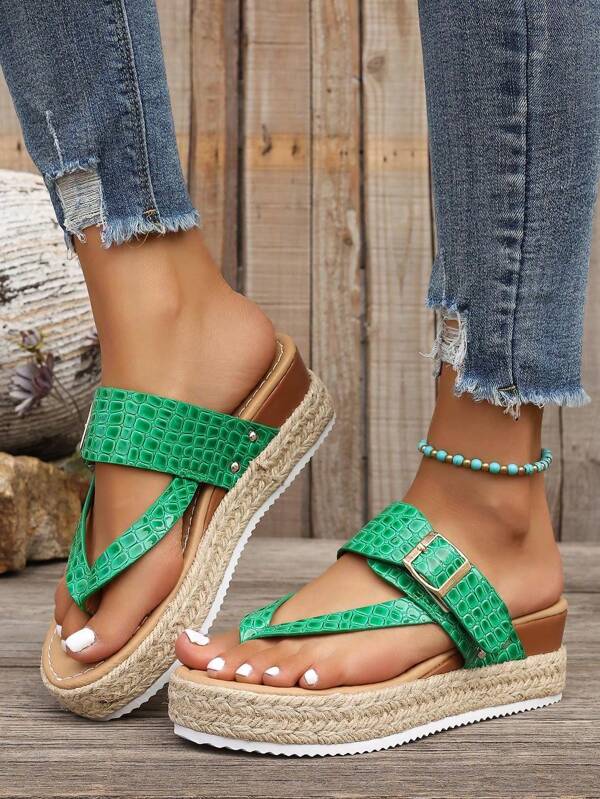Women's Summer Open Toe Wedge Heel Platform Sandals, Green Braided Clip Toe Beach Slippers For Travel, Beach
