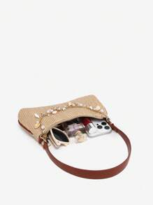 1pc Women's Retro Vacation Ocean Shell Pearl Woven Detachable Shoulder/Underarm Baguette Bag, Suitable For Date, Outing, Vacation