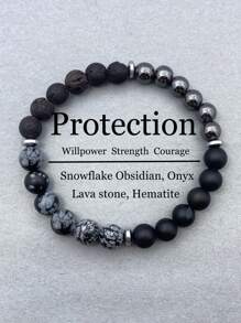 YAUKIA 1 Stück kraftvolles Schutzarmband - Schneeflocken Obsidian, Lava Stein, Schwarzer Onyx & Hämatit absorbieren negative Energie, heilende Schutzschmuck, Freundschaftsarmband