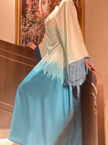 Women's Muslim Silk-Like Ombre Dress – White To Teal Gradient Abaya Robe With Fringe Trim For Modest Occasions