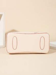 Elegant Floral Embroidered Large Capacity Tote Bag For Women - Pink & Brown Handbag With Golden-Tone Hardware, Zip Closure, Polyester Lining, Urban Chic Design