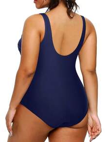 Holipick Plus Size Sarong Swimsuit Women Tummy Control Bathing Suit Ruched Backless Swimwear - Navy Blue - View 3