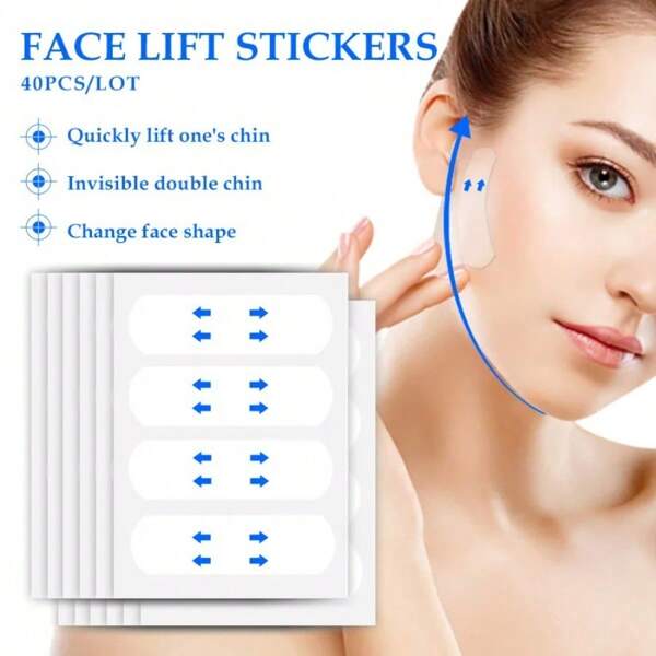 40 piezas de parches faciales invisibles y transparentes que levantan la cara, herramientas en forma de V para elevar la piel flácida y las arrugas del rostro, cinta adhesiva