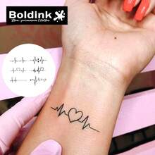 Boldink Electrocardiogram & Heart Design Temporary Tattoos | Creative Heartbeat Line Couples Tattoo Set | Waterproof Wrist Collarbone Sticker, Non-Permanent - Black - View 3