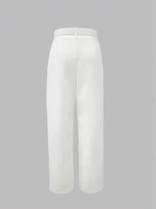 Women's Casual Solid Color Straight Leg Pants With Buckle Belt - White - View 3