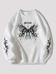 Unisex Crew Neck Sweatshirt Printed Butterfly Design Arabesques Darkness Gothic Emo Warmth Comfortable Autumn/Winter Printed On Sleeves Alternative Style Casual - 白色 - 查看 1