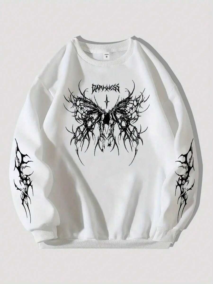 Unisex Crew Neck Sweatshirt Printed Butterfly Design Arabesques Darkness Gothic Emo Warmth Comfortable Autumn/Winter Printed On Sleeves Alternative Style Casual - 白色 - 查看 1