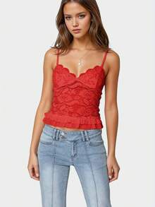 Lace Hot Girl Strappy Curve-Hugging - Red - View 3
