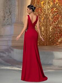 VIPGIRL Elegantes rotes Pailletten-Applikations-Ärmellos-Meerjungfrau-Abendkleid mit hohem Schlitz, körperbetontes Abendkleid, Abschlussball-Kleider für Frauen, Abendgowns, Luxuskleid, Partykleid, Hochzeitsgast - Rot - Übersicht 2