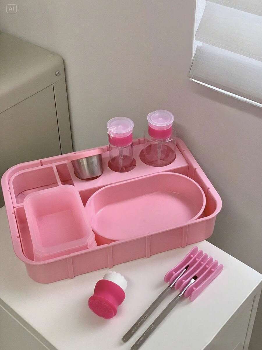 klimonla Multi-Functional Large Capacity Nail Art Organizer Tray, Can Hold Nail Brushes, Containers, Nail Tools - Pink - View 1