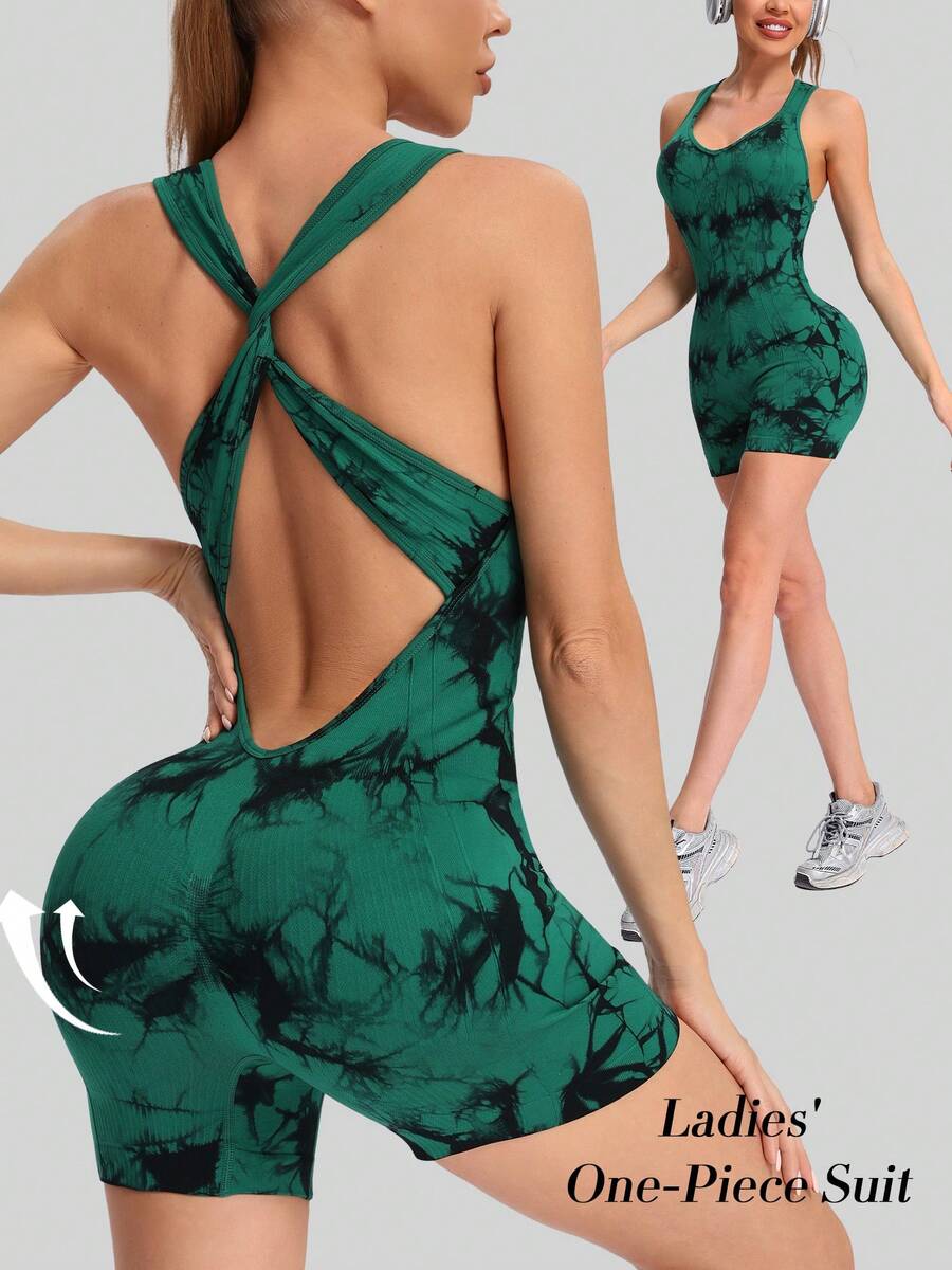Women's Tie Dye Deep V One Piece Shorts, Women's Cross Body Yoga Wear, Sexy Hip Lifting Fitness One Piece - màu xanh lá - Xem 1