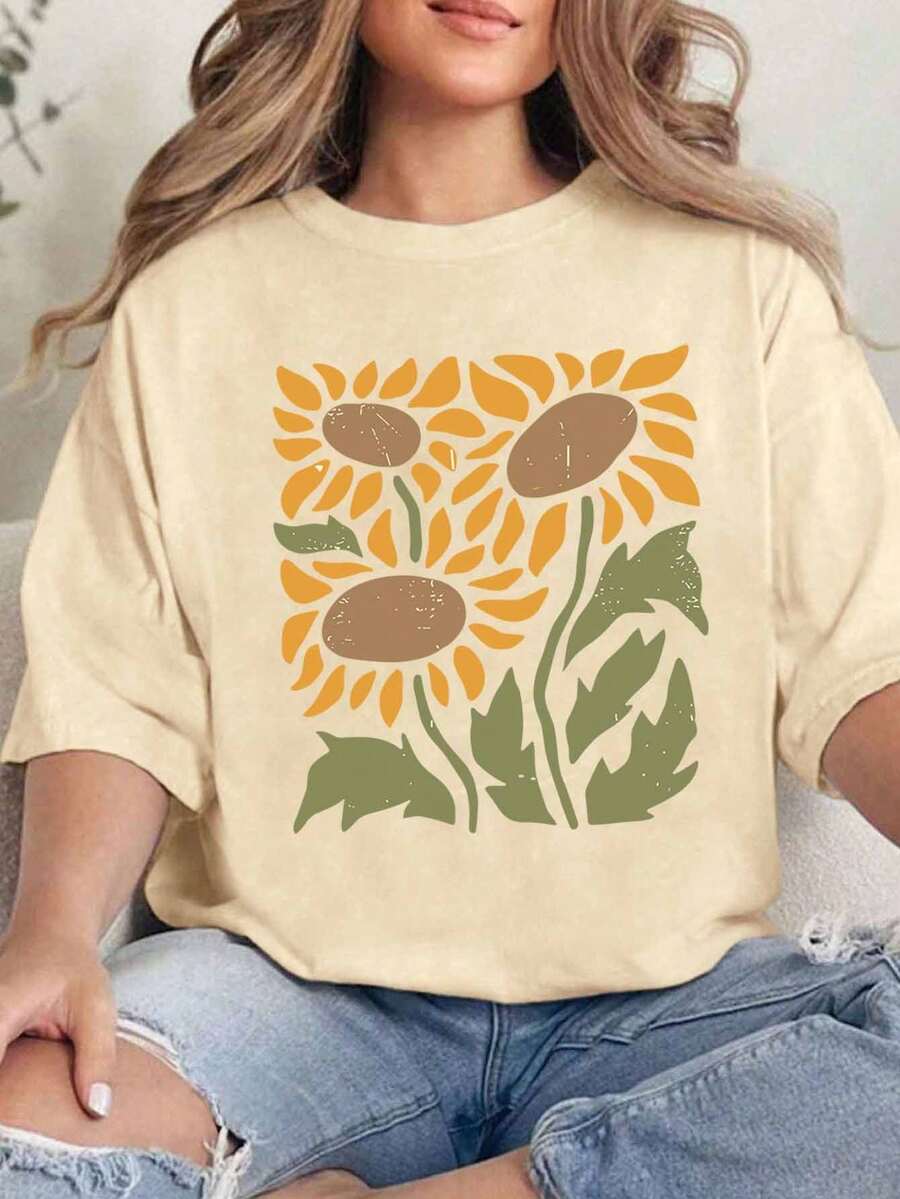 Vintage Floral T-Shirts, Vintage Sunflower Shirts, Wildflower T-Shirts, Bohemian T-Shirts, Botanical Print Shirts, Plus Size T-Shirts, Gifts For Mom Graphic Tees Women Tops - Apricot - View 1