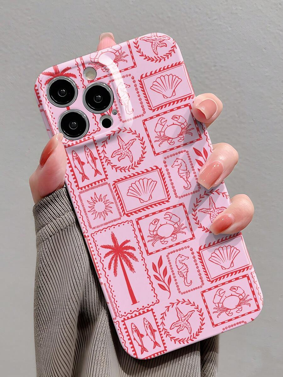 1 pieza Estuche duro para teléfono con protección completa, a prueba de agua, a prueba de golpes y resistente a los arañazos, compatible con iPhone 11/12/13/14/15/16 Pro Max, con diseño temático marino de estrella de mar rosa, concha y patrón geométrico perforado con acabado brillante