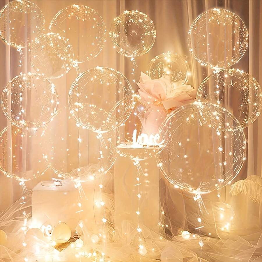 10/20pcs LED Glowing Balloon Decor Set - Transparent, Sparkling Balloons With Soft Glow For Valentine's Day, Wedding, Anniversary Christmas, Halloween Birthday - Battery Operated, Party Decor Glowing Balloon Durable Plastic Balloons, Balloon Decorations - 彩色 - 查看 1