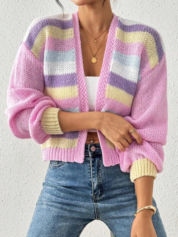 Cardigan maglia donna casual dolce, a righe e blocchi di colore, maniche a lanterna, versatile in autunno/inverno