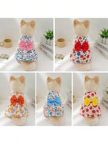 Vibrant Strawberry Print Pet Dress - Sunny Yellow Non-Detachable Bow Accented Dog Dress In XS-XL, Juicy Red Berry Pattern Puppy Outfit With Permanently Secured Buttercup Yellow Ribbon, Cheerful Fruit-Themed Canine Fashion For All Breeds - Multicolor - View 10