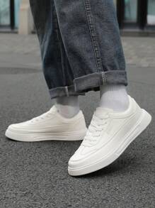 Tênis de Skate de Cano Baixo Masculino - Branco, Design de Moda, Cadarço, Palmilha Confortável de Tecido, Solado MD Durável, Bico Arredondado para Uso Casual, Adequado para Calçado Esportivo em Todas as Estações