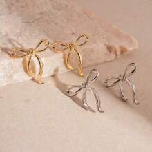 1 Pair Fashionable Luxury Elegant Gold Metal Bowknot Stud Earrings For Women, Suitable For Daily, Banquet, Party Wear