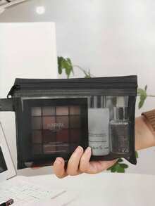 2025 Nowa minimalistyczna siateczkowa kosmetyczka, kompaktowy organizer na szminkę i poduszkę, duża pojemność, przenośna torba podróżna, codzienne pudełko do przechowywania kosmetyków, niezbędny element podróży, nadaje się na prezenty na Halloween i Boże Narodzenie - Czarne - Zobacz 2