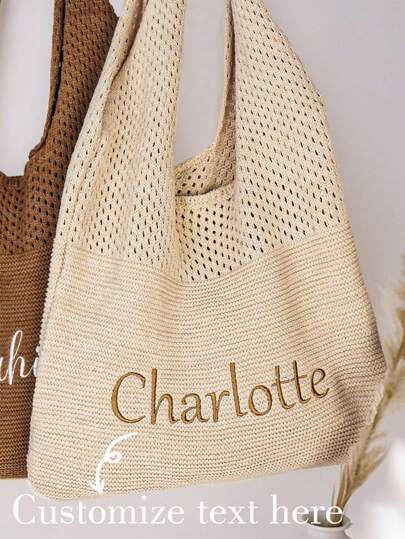 Niestandardowa torba plażowa z siateczki szydełkowej, niestandardowy tekst Torba z dzianiny Letnie wakacje Estetyczna torba boho -- Haft - Spersonalizowany prezent