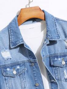 Men Distressed Denim Jacket, Korean Fashion Stylish Lapel Vintage Washed Denim Jacket, For Fall