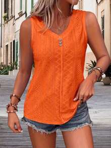 Women's Eyelet Embroidery Tank Tops Solid Color Sleeveless V-Neck Button Front Fitted Vest - Orange - View 1