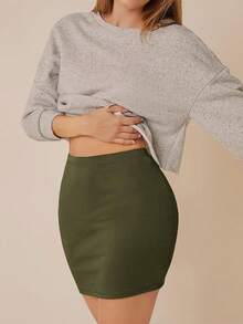 Falda corta de tubo de cintura alta básica para mujer - Verde militar - Ver 4