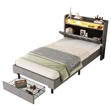 Letto piano 90*200cm, letto imbottito, lampada riscaldante a LED, presa USB, testiera pieghevole, vano portaoggetti integrato, contenitori per letto, grigio