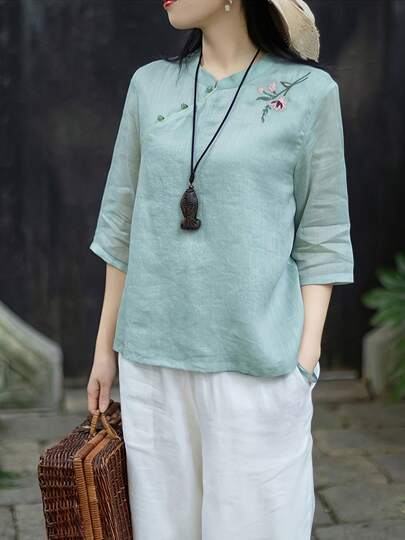 Women's Summer New Stand Collar Oblique Placket Blouse