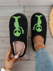 秋冬万圣节外星人毛绒拖鞋，女士时尚派对拖鞋，防滑室内家居拖鞋，节日礼物，蓬松拖鞋 - 黑色 - 查看 2