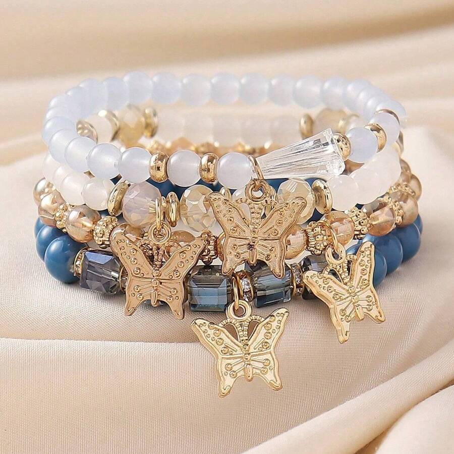 4pcs/Set Bohemian Style Handmade Glass Beaded Bracelets Set,  Butterfly Pendant, For Women, Beach Vacation Style, The Placement Of The Butterfly Pendant Is Random - 藍色 - 查看 1