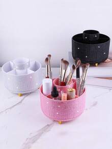 1pc Rotating Nail Brush Makeup Brush Organizer, Nail Art Tool Storage Rack, Tabletop Vanity Eyeshadow Brush Lipstick Holder With Diamond Lining - Multicolor - View 1