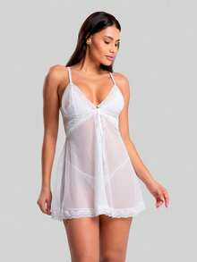 Louise Tulle Nightgown With Front Slit And G-String - White - View 3