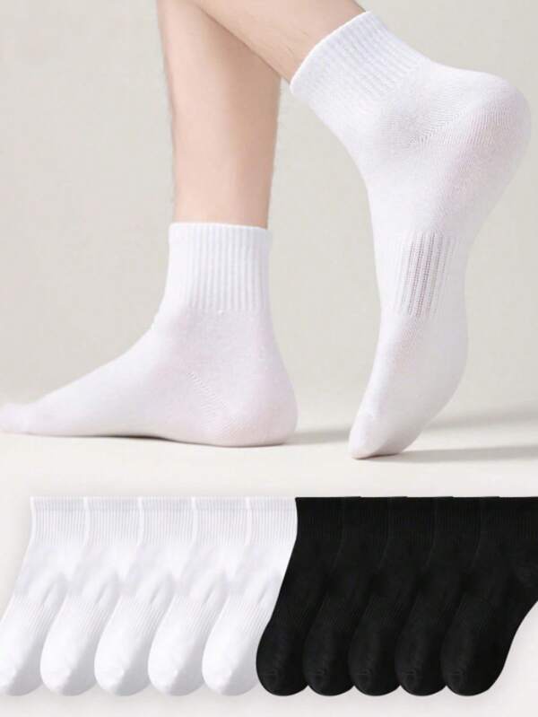 10 pares de calcetines cortos para mujer, de todas las estaciones, de unicolor jacquard con cintura elástica, cálidos, personalizados, de moda callejera, suaves y cómodos, esponjosos, aptos para uso diario, hogar, oficina, campus y deportes, en colores negro y blanco