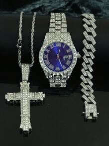 1 Set Confezione regalo uomo con ciondolo a croce 3D con catena intrecciata, bracciale con diamanti e orologio, regalo di moda di alta qualità personalizzato per amici