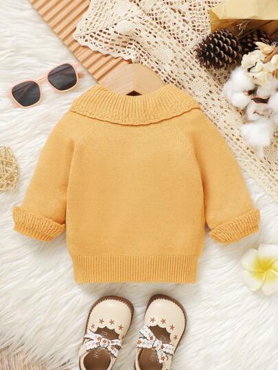 1pc Comfortable One-Piece Knitted Sweater For Toddlers, Adorable Collar & Ruffle Sleeve Fashionable & Sweet Top