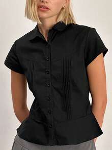 Sunny Girly 秋季女式 Y2K 返校纯色学院风性感风格纽扣设计翻领修身褶皱衬衫上衣