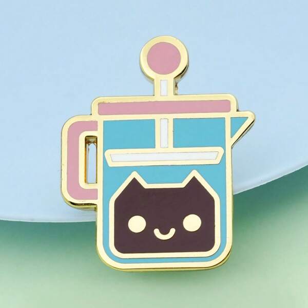 French Press Coffee & Cute Cat Enamel Brooch, Lapel Pin, Backpack Decor, Gift For Cat Lovers