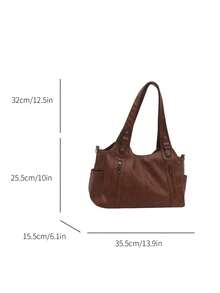 2025 New Fashion Classic Clown Solid Color Large Capacity Retro PU Cloth Shoulder Tote Bag, Suitable For Shopping, Vintage - Brown - View 5