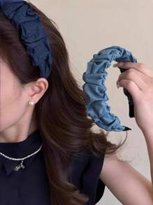 2 peças Headbands de Denim Plissados de Borda Larga de Cor Sólida e Elegante para Mulheres, Acessórios Versáteis de Coroa Alta, Adequados para Decorar Penteados, Passeios Diários, Estilo Boêmio, Elegante, Faixa de Cabelo para Mulheres, Acessórios de Cabelo, Tiara de Cabelo