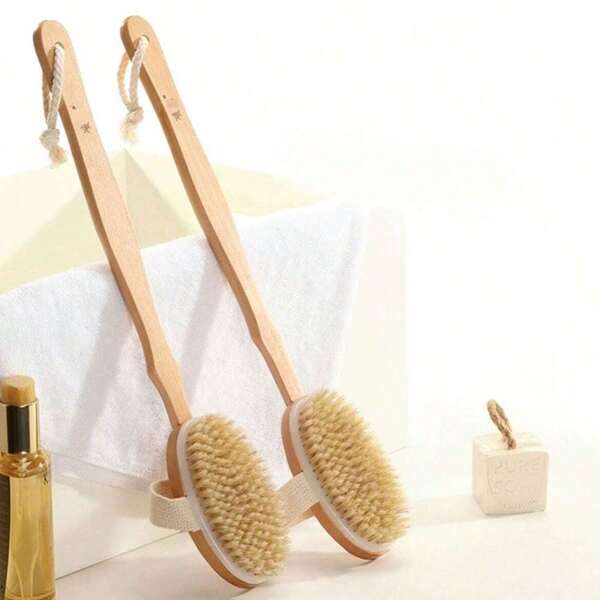 1 pièce Brosse de bain à poils doux avec manche long, brosse à récurer le corps en bois naturel détachable pour le bain et l'exfoliation