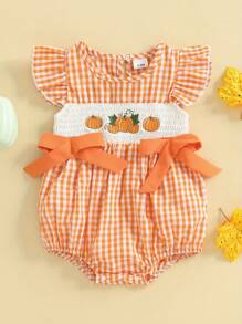 Baby Girl Halloween Romper Pumpkin Embroidered Plaid Bows Crew Neck Flying Sleeve Jumpsuit For Fall