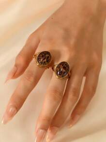 Set de 2 anillos de acero inoxidable con estampado de leopardo exagerado, adecuados para uso diario de mujer, festivales, citas, compromisos, bodas, regalos para amante, amigo, familiar