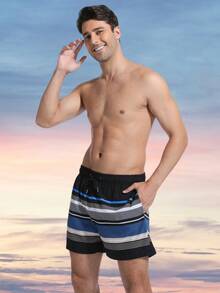 MADHERO Men's Striped Beach Swim Trunks With Compression Lining, 2-In-1 Quick Dry Swimwear - Black - View 4