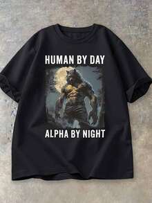 Funny Day Human Night Sigma Alpha Wolf And Woman Design T-Shirt, Women Crew Neck Short Sleeve Tee - 黑色 - 查看 3