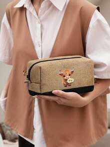 可爱高地牛捧花主题手提包套装，包含一个手提包、一个零钱包和一个方包，采用花朵和高地牛图案的小牛皮设计，大容量手提包、单肩包、亚麻购物袋、沙滩包；化妆包、指甲油收纳袋、可爱款式充电器收纳，适合度假、工作、通勤、上学、返校、商务旅行、生日礼物、教师节礼物、返校礼物。 - 彩色 - 查看 4