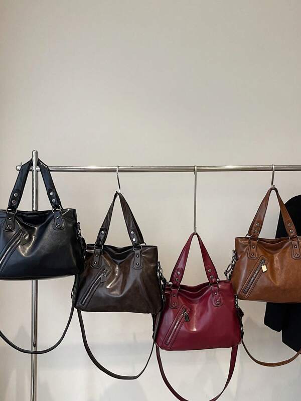 Fashionable High-Quality Large Capacity Versatile Tote Bag, Glossy Soft Leather Vintage Shoulder Handbag