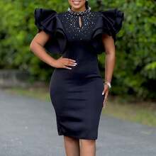 Women's Sexy Bodycon Dresses Ruffle Sleeve MockNeck Beaded Pear Pencil Midi Dresses - 紅色 - 查看 5